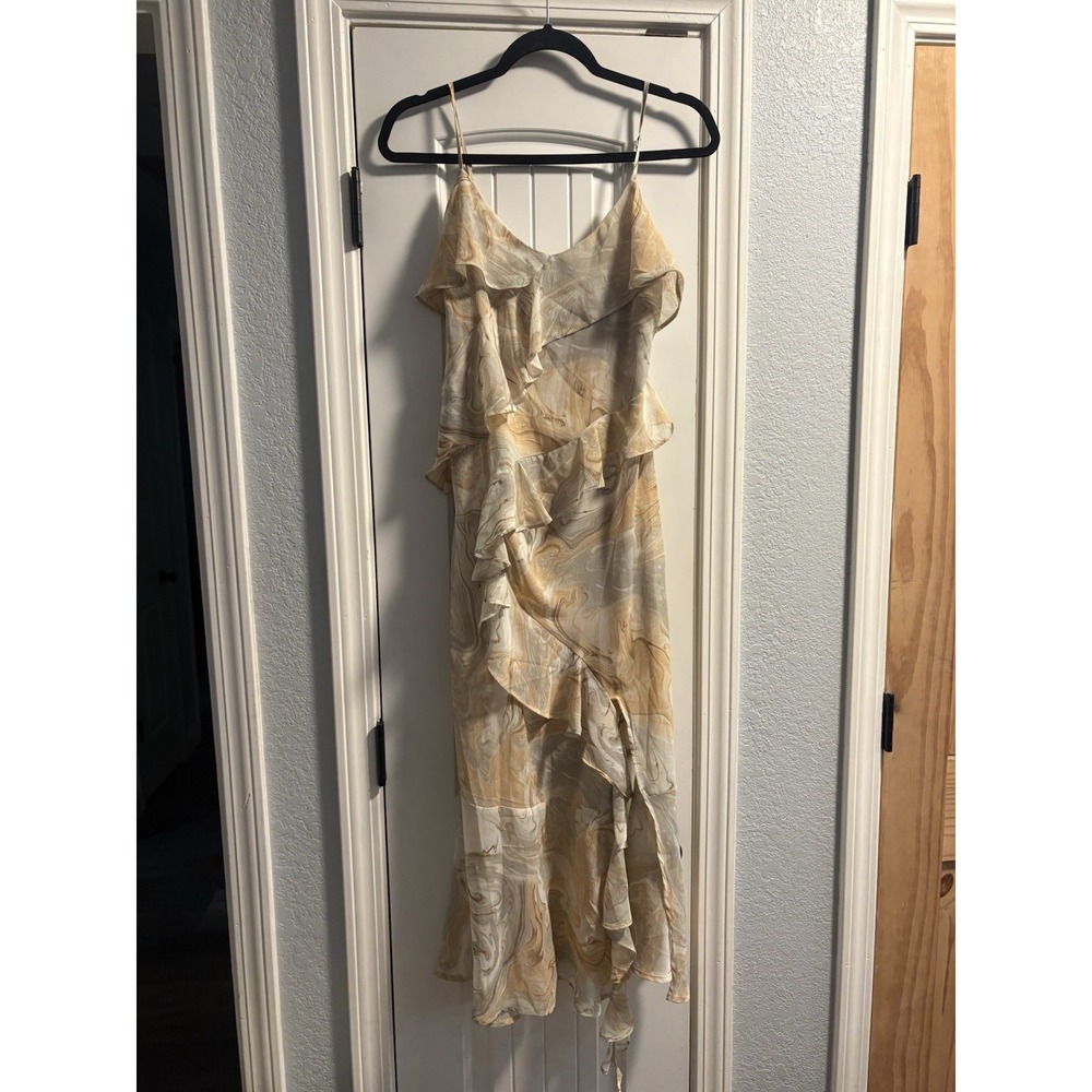Blu Pepper Midi Dress Womens Size M Tan Marble Swirl Ruffle V-Neck CR2272TJ